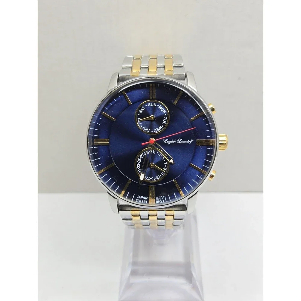 English Laundry EL7953 Mens Quartz Watch Blue Dial Two Tone Day Date New Battery
